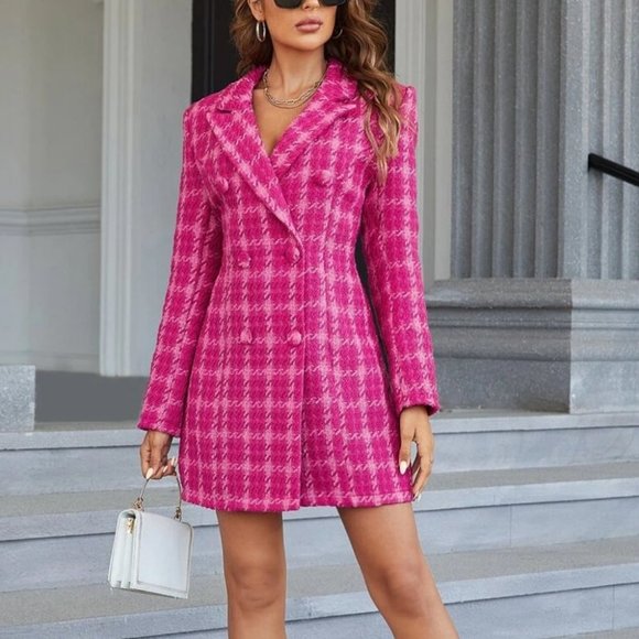 Plaid Double Breasted Pink Tweed Blazer Dress Mini Dress - Picture 4 of 9